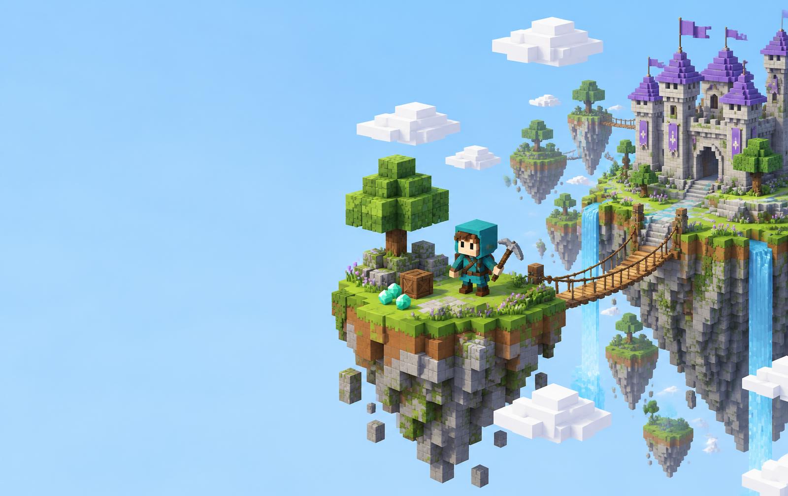 A teal-hooded wireling on a floating meadow, linked by a rope bridge to an amethyst-roofed castle
